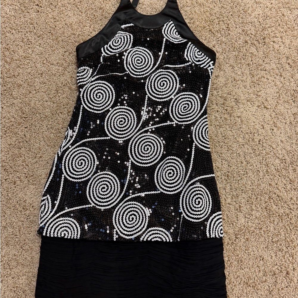 Black Sequin Mini Dress with White Spiral Beading